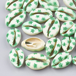 Bedruckte Kaurimuschel Perlen, kein Loch / ungekratzt, Stern-Muster, grün, 20~26x13~18x5~7 mm