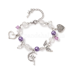Alloy Heart & Fairy Charm Bracelets, Acrylic & ABS Plastic Pearl Beaded Bracelet for Women, Blue Violet, 7 inch(17.7cm)