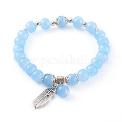 Imitation Jade Glass Beaded Stretch Charm Bracelets, with Alloy Feather Pendants, Antique Silver, Light Blue, Inner Diameter: 2-3/8 inch(5.9cm)
