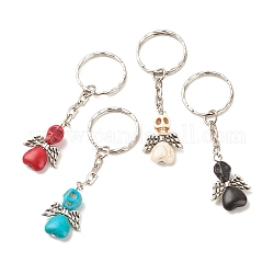 Porte-clés turquoise synthétique teint, avec perles en plastique ccb et porte-clés fendus en fer, ange, couleur mixte, 8 cm