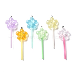 Luminous Transparent Resin Big Pendants, Glitter Lollipop Charms, Glow in Dark, with Platinum Tone Iron Loops, Mixed Color, Flower, 67x24x9mm, Hole: 2mm