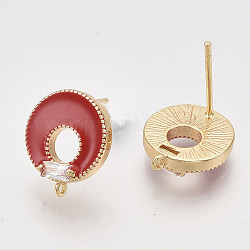 Real 18K Gold Plated Brass Enamel Stud Earring Findings, with Cubic Zirconia and Loop, Nickel Free, Flat Round, Clear, Red, 13.5x11.5mm, Hole: 0.9mm, Pin: 0.8mm