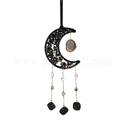 Natural Agate Wind Chime, with Glass Beads and Iron Ring, Moon, 350mm