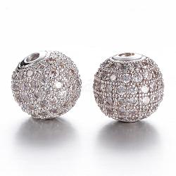 CZ Brass Micro Pave Grade AAA Clear Color Cubic Zirconia Round Beads, Cadmium Free & Nickel Free & Lead Free, Platinum, 10mm, Hole: 2mm