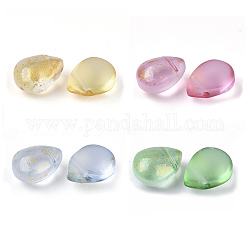 Transparent Spray Painted Glass Beads, Top Drilled Beads, with Glitter Powder, Frosted, Teardrop, Mixed Color, 12.5x9.5x7mm, Hole: 1mm