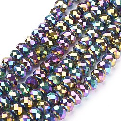 Abalorios de vidrio electroplate hebras, facetados, rerondana plana, multi-color de chapado, 10x7mm, agujero: 1 mm, aproximamente 70~72 pcs / cadena, 18 pulgada