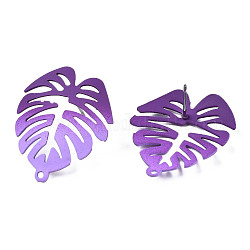 Accessoires de puces d'oreilles en fer peints au spray, avec boucles horizontales, feuille de monstera, violet, 28.5x24mm, Trou: 1.4mm, pin: 0.7 mm