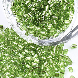 Grade A Glass Seed Beads, Hexagon(Two Cut), Silver Lined, Lime Green, 1.5~2.5x1.5~2mm, Hole: 0.8mm, about 2100pcs/bag, 450g/bag
