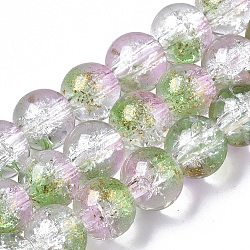 Transparent Spray Painted Crackle Glass Bead Strands, with Golden Foil, Round, Spring Green, 8~9mm, Hole: 1.2~1.5mm, about 46~56pcs/Strand, 14.37 inch~16.3 inch(36.5~41.4cm)