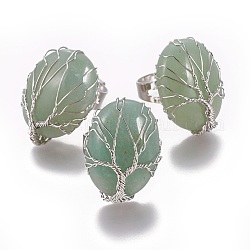 Anneaux verts aventurine des doigts naturelles réglables, avec les accessoires en laiton de tonalité de platine, ovale, taille 8, 18mm