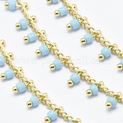 Chaînes de perles en verre manuels, soudé, avec bobine, chaîne en laiton, or, Plaqué longue durée, lumière bleu ciel, 6x2mm, chaîne: environ 2 mm de large, environ 32.8 pied (10 m)/rouleau