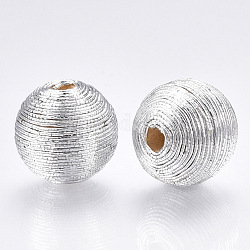 Perles de bois recouvertes de fil de cordon polyester, ronde, couleur d'argent, 18~19x17.5~18mm, Trou: 3.5~4mm