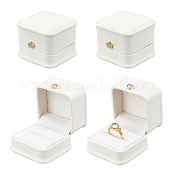 Cajas de regalo de anillo de cuero pu nbeads, con corona de hierro bañado en oro y terciopelo en el interior, para la boda, caja de almacenamiento de joyas, blanco, 5.85x5.8x4.9 cm