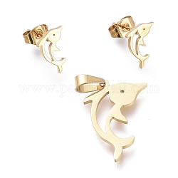 304 Stainless Steel Jewelry Sets, Hollow Pendants and Stud Earrings, with Ear Nuts, Dolphin, Golden, 22x15.5x1mm, Hole: 5x3mm, 11x7mm, 
Pin: 0.7mm