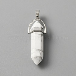 Natural Howlite Double Terminal Pointed Pendants, with Platinum Tone Zinc Alloy Findings, Faceted Bullet Charm, 41~43x13.5x10mm, Hole: 3.5x5.5mm