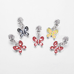 Alloy European Dangle Charms, Enamel, Butterfly, Platinum Metal Color, Mixed Color, Size: about 14mm wide, 26mm long, hole: 4.5mm