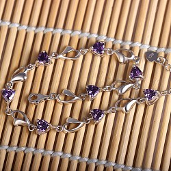 Bracelets à maillons en 925 argent sterling, avec zircons, cœur, violet, platine