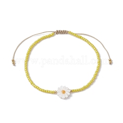 Flower Natural Shell & Glass Seed Braided Bead Bracelets, Adjustable Nylon Bracelet, Yellow, Inner Diameter: 2-1/8~3-1/8 inch(5.5~8cm)