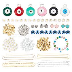 Kits de fabrication de collier de bracelet de chaîne de bricolage d'arricraft, y compris les chaînes en laiton et en fer, Mauvais œil acrylique & résine & perle de verre & perles rondes en laiton, breloques alliage et coeur en laiton, couleur mixte, chaîne : 4m/boîte