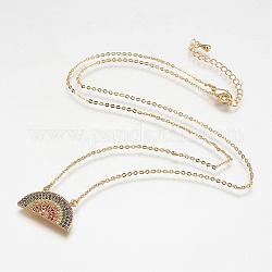 Brass Micro Pave Cubic Zirconia Pendant Necklaces, with Real 18K Gold Plated Brass Cable Chains, Flat Half Round, 18 inch(46cm)
