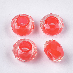 Abalorios de resina, Abalorios de grande agujero, facetados, rerondana plana, rojo naranja, 13~13.5x7.5~8mm, agujero: 5.5 mm