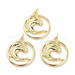 Brass Pendants, with Jump Ring, Long-Lasting Plated, Flat Round with Sea Wave, Real 18K Gold Plated, 27.5x25x2mm, Jump Ring: 5x1mm, 3mm Inner Diameter