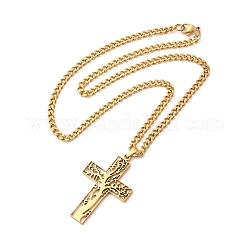 304 Stainless Steel Cross with Tree of Life Pendant Necklaces, Curb Chain Necklace with Lobster Clasps, Golden, 17-1/2 inch(44.5cm)