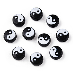 Perles acryliques opaques, plat rond avec motif yin yang, noir, 7x4mm, Trou: 1.5mm