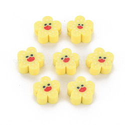 Handmade Polymer Clay Beads, Flower with Smiling Face, Yellow, 9~10x4mm, Hole: 1.5mm