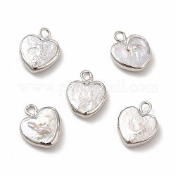 Pendenti di perle keshi naturali barocche, charms cuore, con passanti in ottone, platino, 13~15x11~12x3~5mm, Foro: 1.8 mm