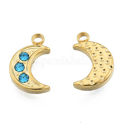 304 Stainless Steel Charms, with Sapphire Rhinestone, Moon, Real 18K Gold Plated, 12x7.5x2mm, Hole: 1.5mm
