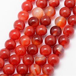Chapelets de perles en agate rayée naturelle/agate à bandes, ronde, Grade a, teints et chauffée, rouge-orange, 12mm, Trou: 1mm, Environ 32 pcs/chapelet, 15 pouce