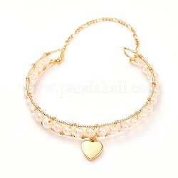 Bracelet perlé en perles naturelles pour les femmes adolescentes, bracelet manchette en laiton avec breloque cœur et chaîne de sécurité, or, diamètre intérieur: 2-1/8 pouce (5.3 cm)