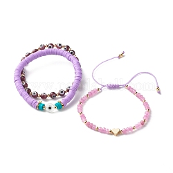 Ensemble de bracelet extensible de perles rondes au chalumeau mauvais œil fait à la main pour les femmes adolescentes, bracelet extensible en pâte polymère, bracelets de perles tressées en jade de malaisie naturel rondelle (teint), bracelets de perles de coeur, violet, diamètre intérieur: 2~3-1/2 pouce (5.2~9 cm), 3 pièces / kit
