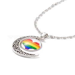 Rainbow Pride Necklace, Flat Round with Pattern & Moon Pendant Necklace for Men Women, Antique Silver & Platinum, Heart Pattern, 18.31 inch(46.5cm)