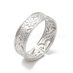 304 широкое кольцо на палец на манжете из нержавеющей стали., открытые кольца для женщин с цветочным и листовым узором, цвет нержавеющей стали, внутренний диаметр: 18 мм