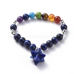Bijoux de yoga chakra, bracelets extensibles avec breloque, avec du lapis-lazuli naturel (teint) et des perles de pierres précieuses, Séparateurs perles rondes en laiton, Merkaba Star, 2-1/8 pouce (5.5 cm)