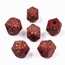 Perles de bois naturel peintes, motif gravé au laser, facette, polygone avec imprimé léopard, firebrick, 10x10x10mm, Trou: 2mm