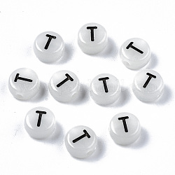 Perles acryliques, avec émail et lumineux, trou horizontal, plat rond avec lettre noire, brillent dans le noir, gris clair, letter.t, 7x3.5mm, Trou: 1.5mm, environ 3600~3700 pcs/500 g