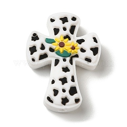 Kreuz mit Sonnenblumen-Fokalperlen aus lebensmittelechtem Silikon, Beißperlen aus Silikon, weiß, 30x22x8 mm, Bohrung: 3 mm