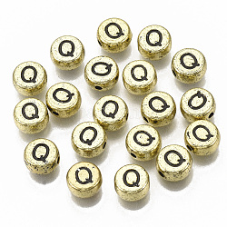 Chapado de abalorios de acrílico, agujero horizontal, plano y redondo con la letra, oro chapado, negro, letter.q, 7x4mm, agujero: 1.2 mm.