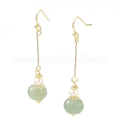 Natural Pearl & Green Aventurine Beads Dangle Earrings, Brass Long Drop Earrings for Women, Real 14K Gold Plated, 52x10mm
