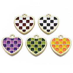 Rack Plating Alloy Checkerboard Pendants, with Enamel, Cadmium Free & Lead Free, Light Gold, Heart with Grid Pattern, Mixed Color, 18.5x18x2mm, Hole: 2mm