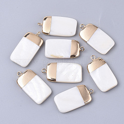 Electroplate Freshwater Shell Pendants, for DIY Jewelry Making, with Top Golden Plated Brass Loops and Half Drilled, Rectangle, Seashell Color, 28.5x14.5x4mm, Hole: 0.8~1.8mm