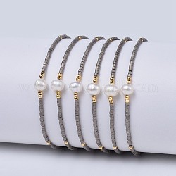 Adjustable Nylon Cord Braided Bead Bracelets, with Japanese Seed Beads and Pearl, Dark Gray, 2 inch~2-3/4 inch(5~7.1cm)