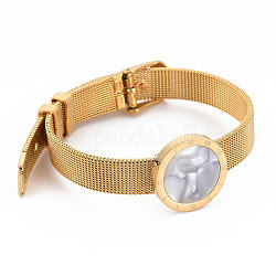 Rond plat en acrylique avec bracelet à maillons en chiffres romains avec boucle de ceinture, 304 bracelet chaîne en maille d'acier inoxydable pour femme, or, diamètre intérieur: 1-7/8x2-1/2 pouce (4.8x6.5 cm)