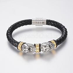 Bracelets en cuir tressé, avec accessoires de perles en 304 acier inoxydable et fermoirs magnétiques, lion, noir, 8-5/8 pouce (220 mm), 20x11.5mm