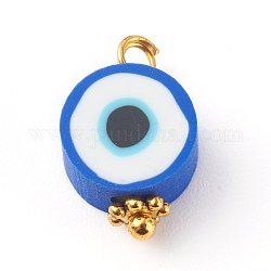 Charms aus Polymerton, mit Messing-Zubehör, flach rund mit Augen-Muster, Blau, 14x9x5 mm, Bohrung: 1.8 mm