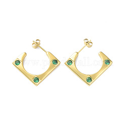 Cubic Zirconia Rectangle Stud Earrings, Golden 304 Stainless Steel Half Hoop Earrings for Women, Green, 19.5x20.5x2.5mm, Pin: 0.7mm