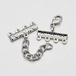 Iron Chain Extender, Necklace Layering Clasps, with 4-Strand Cord Ends and Lobster Claw Clasp, Platinum, 87mm, Hole: 2mm, End Chain: 13x28x2mm, Clasp: 15x9x3mm